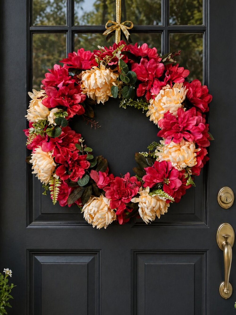 Spring Wreath For Front Door Fuschia & Peach Flowers Large Handmade 20x21”